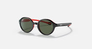 Ray-Ban round sunglasses with green lenses, black frame, and red side accents