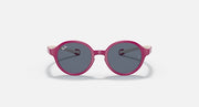 Ray-Ban round sunglasses with purple lenses, magenta frame, and matching temples