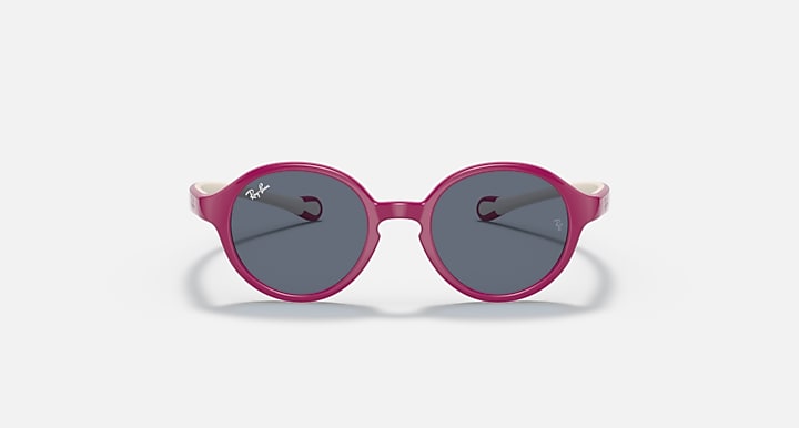 Ray-Ban round sunglasses with purple lenses, magenta frame, and matching temples