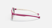 Ray-Ban sunglasses side view with light beige arms, magenta frame, and dark lenses