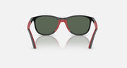 Ray-Ban sunglasses with black frame, red side arms, dark green lenses