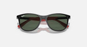 Ray-Ban sunglasses with black frame, dark green lenses, subtle red temple accents