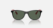 Ray-Ban sunglasses, black frame with red temple tips, dark green lenses