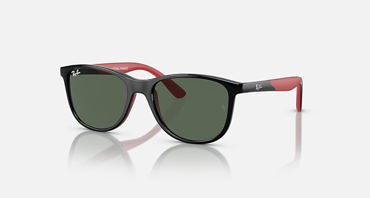 Ray-Ban sunglasses with black frame, red rubber temples, dark green lenses