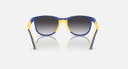 Ray-Ban sunglasses with blue frame, yellow side arms, dark gray gradient lenses