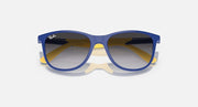 Ray-Ban sunglasses with blue frame, yellow edge accents, dark blue lenses