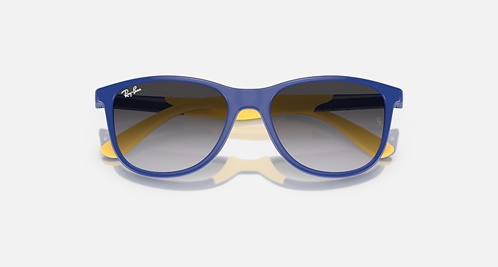Ray-Ban sunglasses with blue frame, yellow edge accents, dark blue lenses