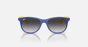 Ray-Ban sunglasses with blue frame, dark blue lenses, small yellow temple accents