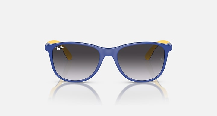 Ray-Ban sunglasses with blue frame, dark blue lenses, small yellow temple accents