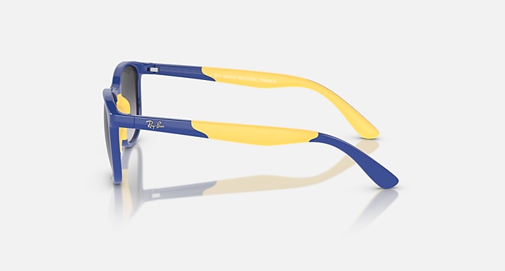 Ray-Ban sunglasses, blue frame with yellow temples, dark lenses