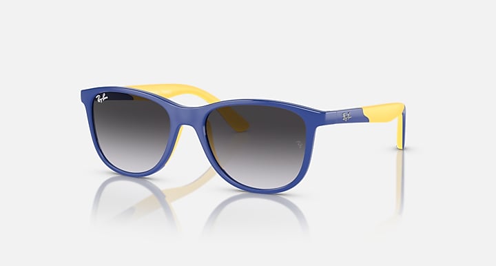 Ray-Ban sunglasses with light blue frame, yellow lens accents, blue-tinted lenses