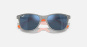 Front view grey and orange rubber sunglasses with dark blue mirrored lenses