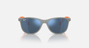 Grey sunglasses with dark blue mirrored lenses and orange side accents