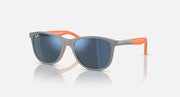 Grey and orange rubber sunglasses with dark blue mirrored lenses