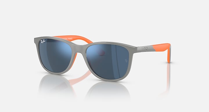 Grey and orange rubber sunglasses with dark blue mirrored lenses