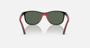 Red-accent Ray-Ban sunglasses with dark green lenses and angular frame corners