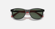 Black Ray-Ban sunglasses with dark green lenses and red inner temple accents