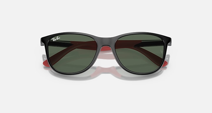 Black Ray-Ban sunglasses with dark green lenses and red inner temple accents