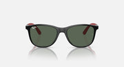 Black Ray-Ban sunglasses with dark green lenses, front view with rounded cat-eye shape