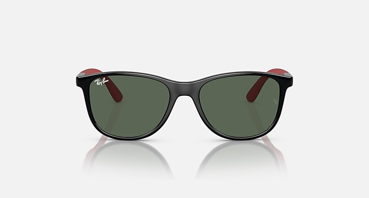 Black Ray-Ban sunglasses with dark green lenses, front view with rounded cat-eye shape