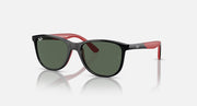 Black Ray-Ban sunglasses with green-tinted lenses and red interior temple detail