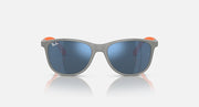 Ray-Ban sunglasses with grey frames and dark blue mirrored lenses