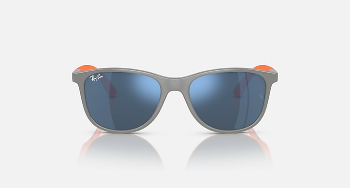 Ray-Ban sunglasses with grey frames and dark blue mirrored lenses