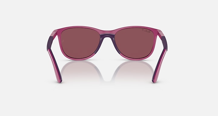 Pink Ray-Ban sunglasses with dark purple lenses and rounded rectangular frame front