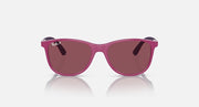 Pink Ray-Ban sunglasses with tinted purple lenses, front view with thick rounded frame