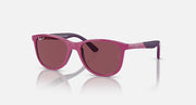 Pink Ray-Ban sunglasses with dark mirrored purple lenses and rubberized frame arms