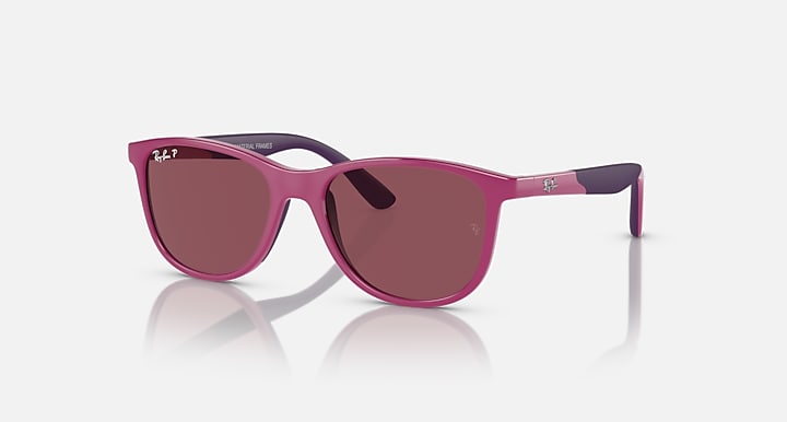 Pink Ray-Ban sunglasses with dark mirrored purple lenses and rubberized frame arms