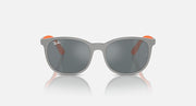 Grey sunglasses with dark gray lenses and orange side accents
