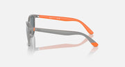 Grey sunglasses with orange rubber arms and tinted dark lenses