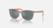 Grey sunglasses with dark gray lenses and orange rubber temple tips