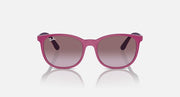 Purple sunglasses with mauve-tinted lenses and rounded rectangular shape