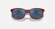 Red sunglasses with dark blue mirrored lenses and blue temple arms