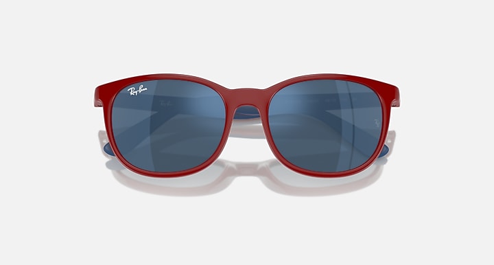 Red sunglasses with dark blue mirrored lenses and blue temple arms