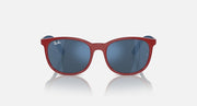 Red oval sunglasses with mirrored dark blue lenses and blue side arms
