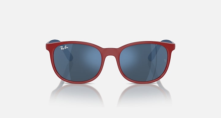 Red oval sunglasses with mirrored dark blue lenses and blue side arms