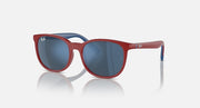 Red round sunglasses with dark blue lenses and blue temple tips