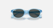 Transparent blue sunglasses with dark grey lenses, angled front