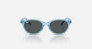 Transparent blue round-oval sunglasses with dark grey lenses, front view