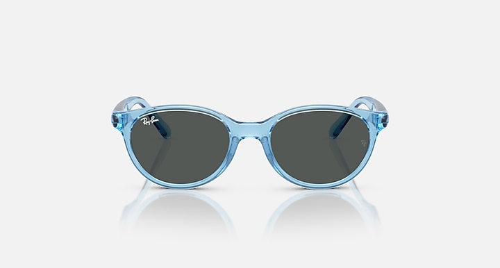 Transparent blue round-oval sunglasses with dark grey lenses, front view