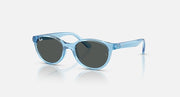 Transparent blue oval sunglasses with dark grey lenses