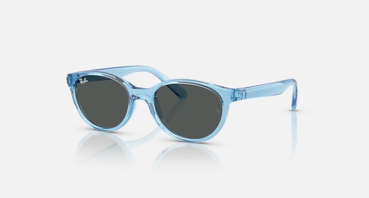 Transparent blue oval sunglasses with dark grey lenses