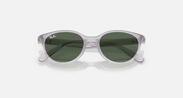 Clear grey sunglasses with dark green lenses, angled front