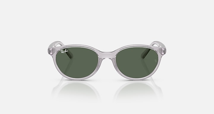 Clear grey round-oval sunglasses with dark green lenses, front