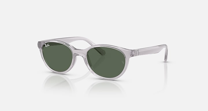 Clear grey oval sunglasses with dark green lenses, side view