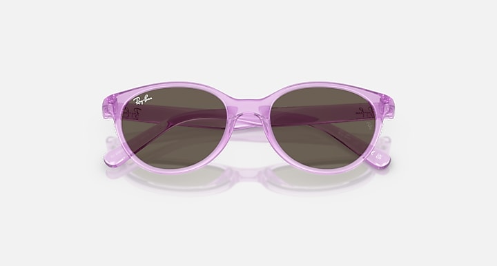 Ray-Ban translucent purple round sunglasses, top view, dark brown lenses