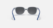 Dark lens cat-eye sunglasses with blue frame and clear top bar
